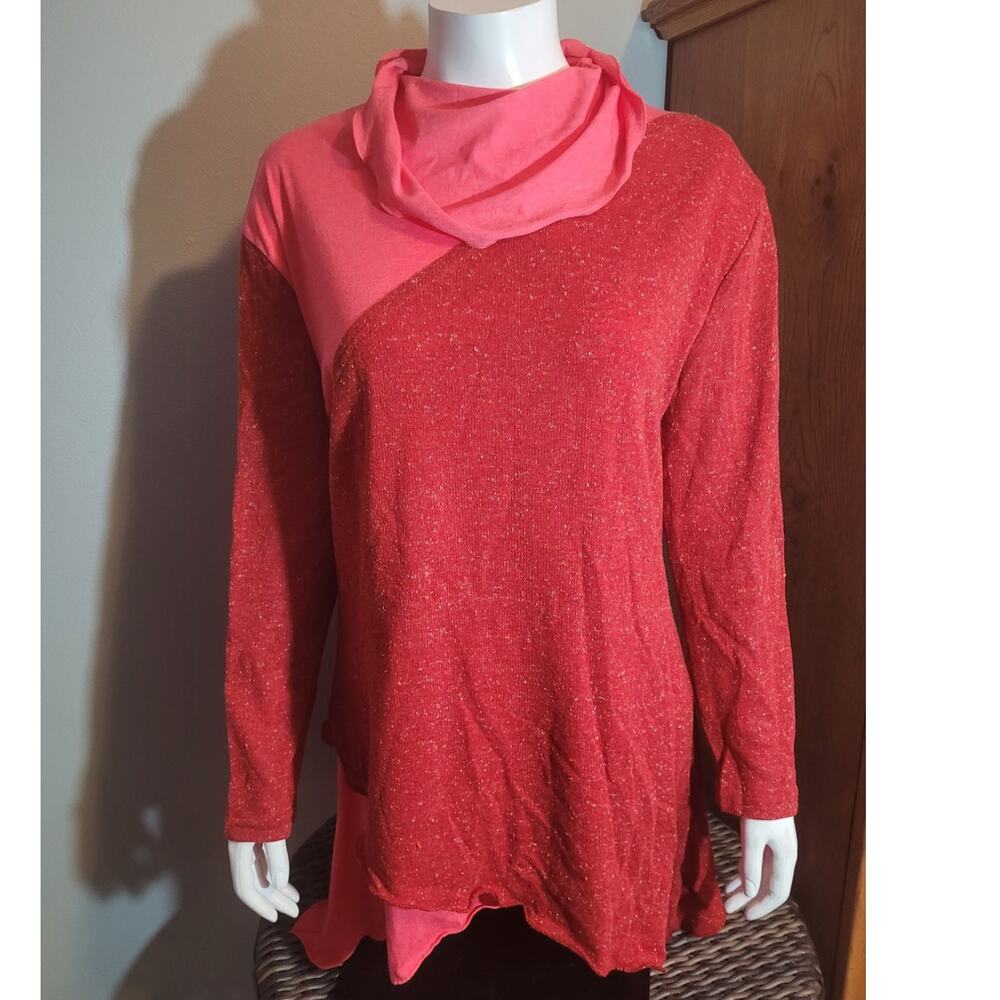 Pink Lagenlook Oversized Knit Blouse XL Artsy Hanky Hem Hooded Speckled Cozy
